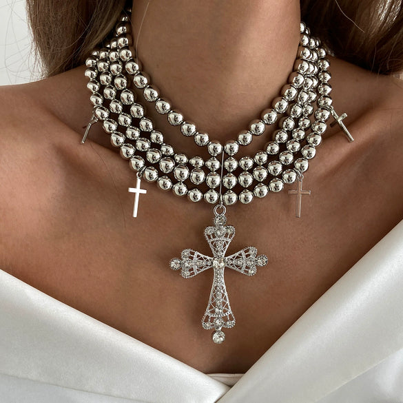 Wholesale Alloy Geometric Cross Multilayer Light Luxury Style Diamondencrusted Electroplated Women's Necklace