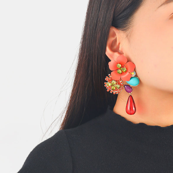 Wholesale Alloy Geometric Diamond Vintage Resin Flower Beaded Earrings For Women
