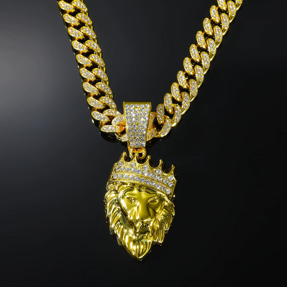 Wholesale Alloy Geometric Diamondencrusted Lion Head Pendant Necklace For Men In Hip Hop Style