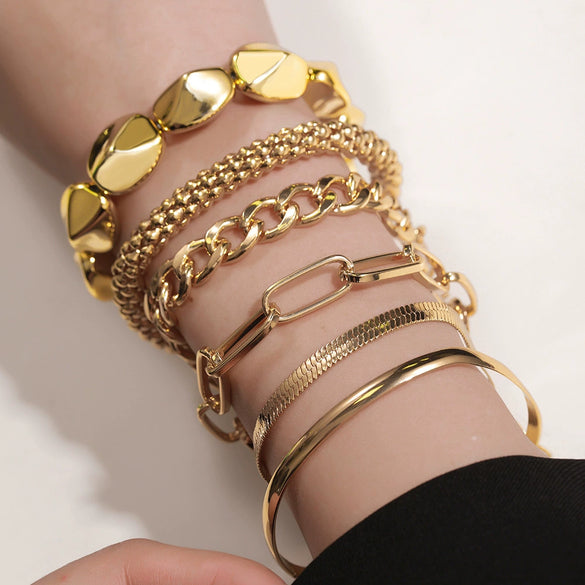Wholesale Alloy Geometric Electroplated Multilayer Stacked Unisex And Women's Bracelet 6Piece Set