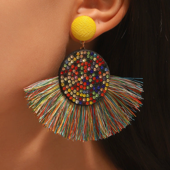 Wholesale Alloy Geometric Fan Shaped Tassel Earrings With Electroplating Retro Bohemian Style Fashion Jewelry