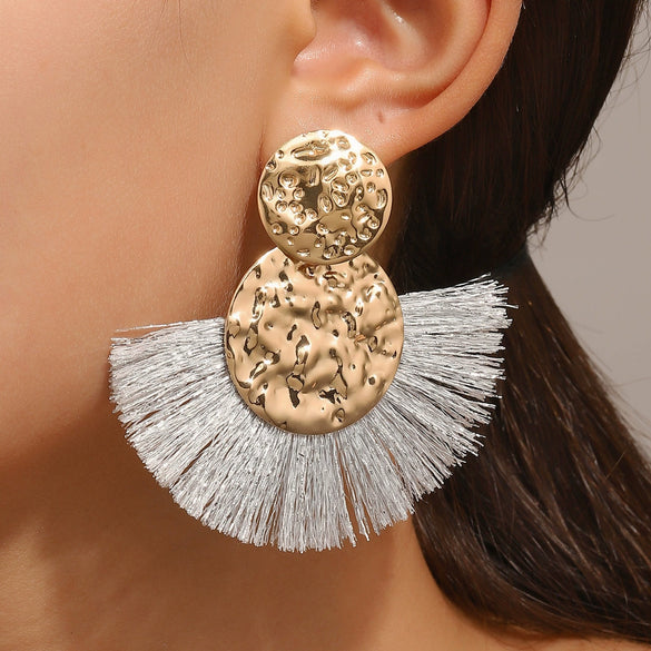 Wholesale Alloy Geometric Fan Shaped Tassel Earrings With Electroplating Retro Bohemian Style Fashion Jewelry