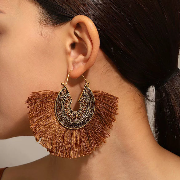 Wholesale Alloy Geometric Fan Shaped Tassel Earrings With Electroplating Retro Bohemian Style Fashion Jewelry