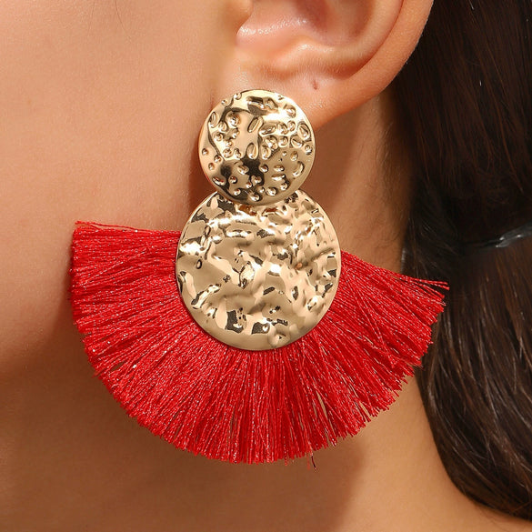 Wholesale Alloy Geometric Fan Shaped Tassel Earrings With Electroplating Retro Bohemian Style Fashion Jewelry
