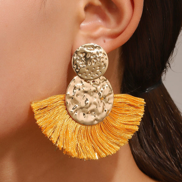 Wholesale Alloy Geometric Fan Shaped Tassel Earrings With Electroplating Retro Bohemian Style Fashion Jewelry