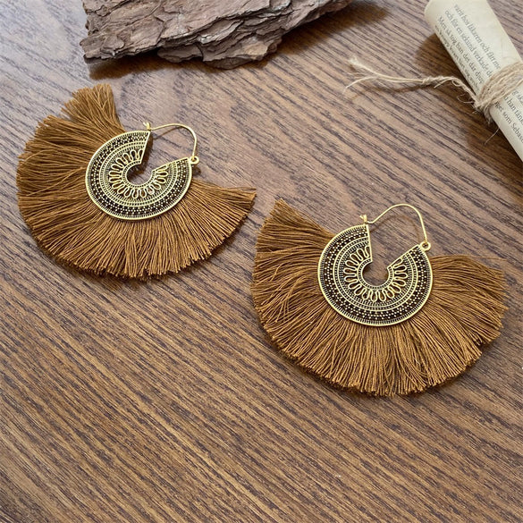 Wholesale Alloy Geometric Fan Shaped Tassel Earrings With Electroplating Retro Bohemian Style Fashion Jewelry