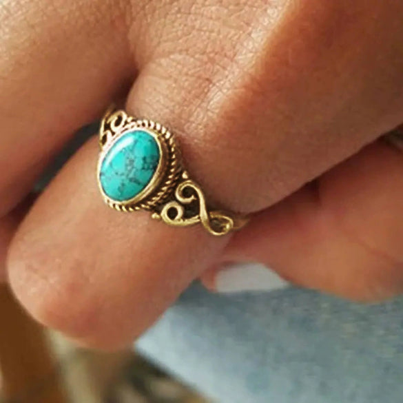 Wholesale Alloy Geometric Hollow Imitation Turquoise Ring With Electroplating For Women Retro Trendy Niche Design