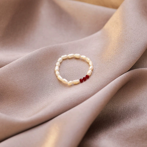 Wholesale Alloy Geometric Natural Style Stacked Joint Stretch Beaded Pearl Ring For Women