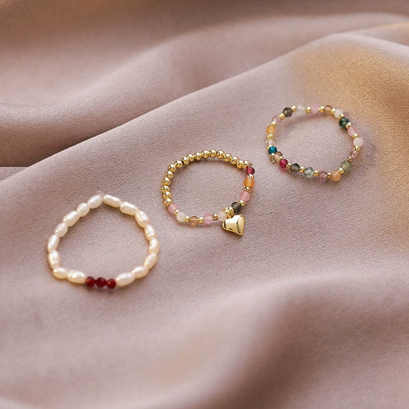 Wholesale Alloy Geometric Natural Style Stacked Joint Stretch Beaded Pearl Ring For Women