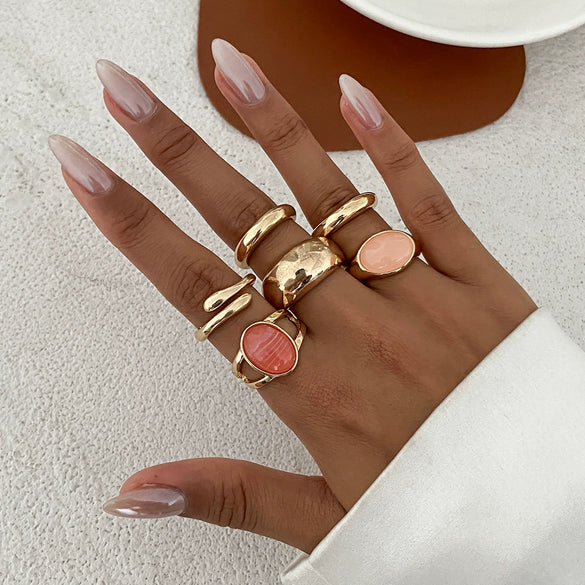 Wholesale Alloy Geometric Pleated Imitation Gemstone Rhinestone Ring Set For Women With Electroplating Design