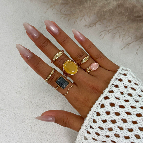 Wholesale Alloy Geometric Pleated Imitation Gemstone Rhinestone Ring Set For Women With Electroplating Design