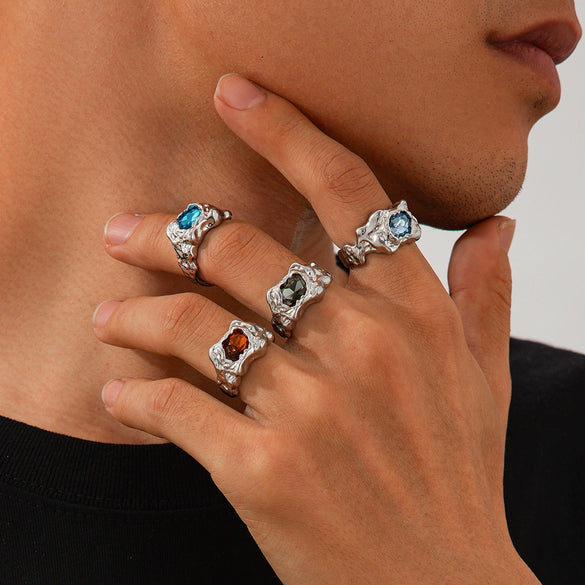 Wholesale Alloy Geometric Pleated Metal Gem Ring For Men With Electroplating Treatment