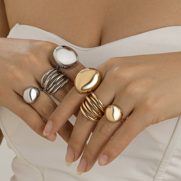 Wholesale Alloy Geometric Retro Electroplated Women's Ring Set With Irregular Smooth Opening Texture