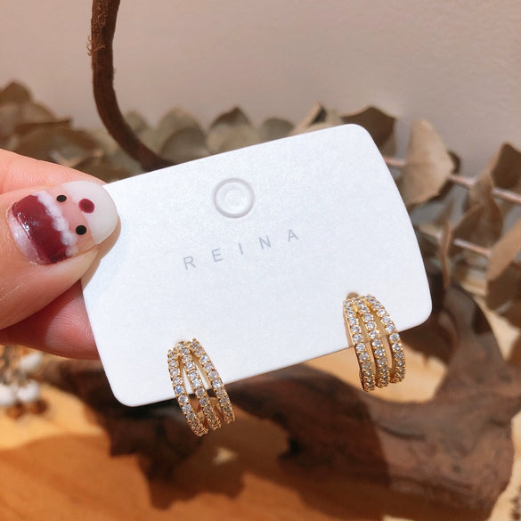 Wholesale Alloy Geometric Semicircular Electroplated Threelayer Microinlaid Women's Earrings With S925 Silver Needle