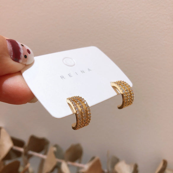 Wholesale Alloy Geometric Semicircular Electroplated Threelayer Microinlaid Women's Earrings With S925 Silver Needle