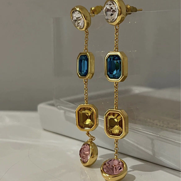 Wholesale Alloy Geometric Square Gem Tassel Earrings For Women With Electroplating Treatment Light Luxury And High Grade Style
