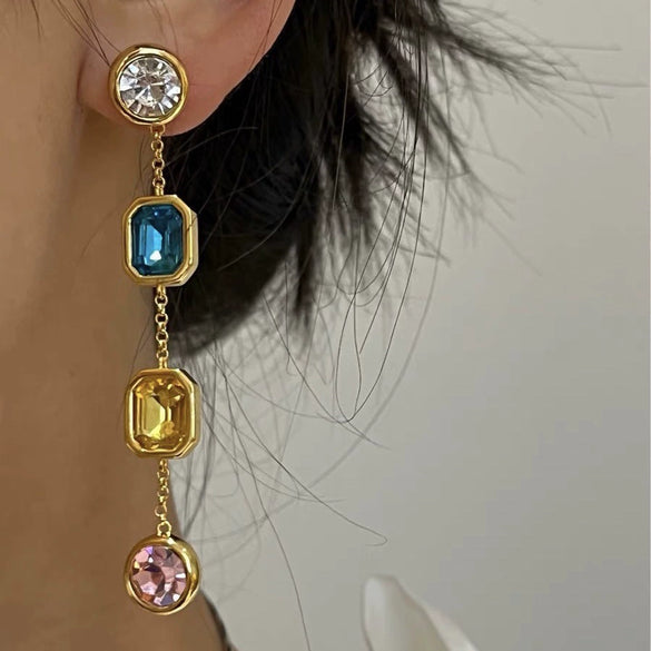 Wholesale Alloy Geometric Square Gem Tassel Earrings For Women With Electroplating Treatment Light Luxury And High Grade Style