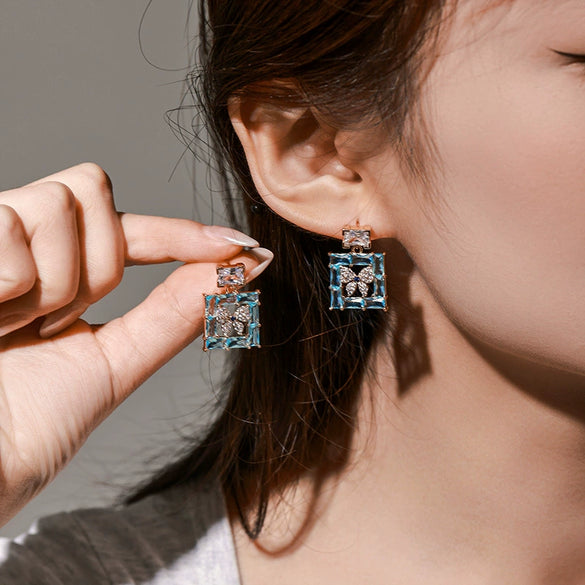 Wholesale Alloy Geometric Square Inlaid Zirconia Colorful Gemstone Animal Style Butterfly Earrings