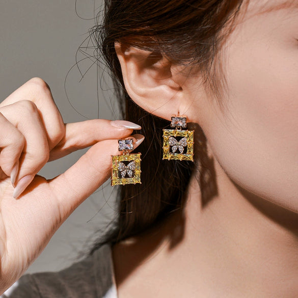 Wholesale Alloy Geometric Square Inlaid Zirconia Colorful Gemstone Animal Style Butterfly Earrings