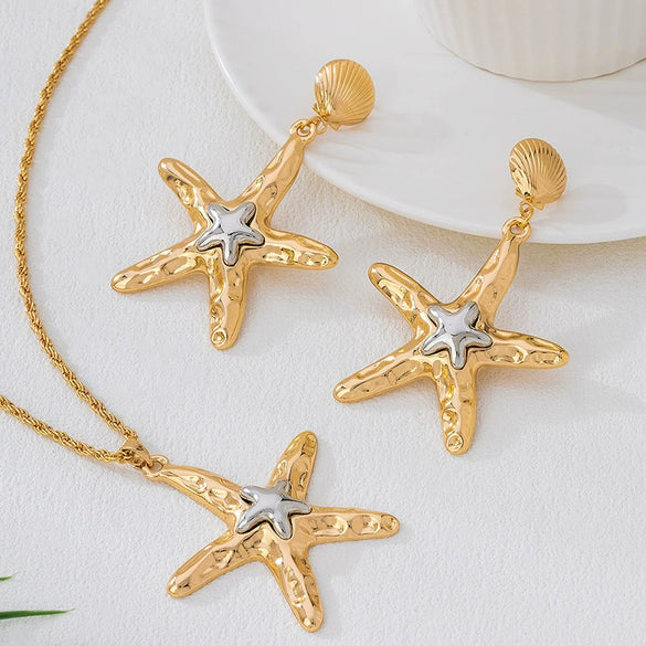 Wholesale Alloy Geometric Starfish Pendant Necklace And Earring Set For Women With Electroplating Design