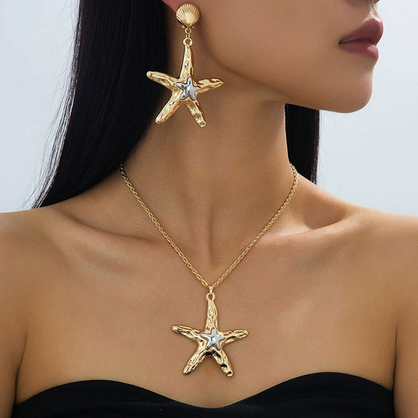 Wholesale Alloy Geometric Starfish Pendant Necklace And Earring Set For Women With Electroplating Design
