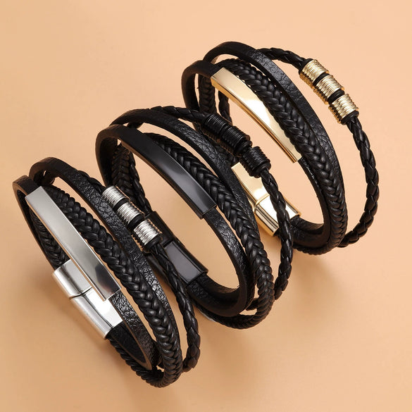 Wholesale Alloy Geometric Woven Leather Rope Bracelets For Men And Unisex With Electroplating
