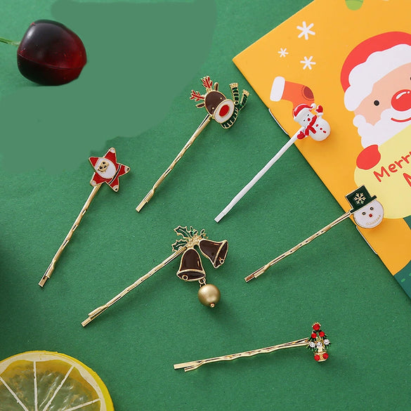 Wholesale Alloy Hair Clips With Christmas Snowman Elk Bell Electroplated Women's Hair Accessories