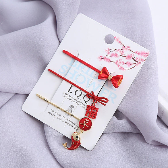 Wholesale Alloy Hairpin With Frosted Bow And Double Happiness Pattern Electroplated Baking Varnish For Women