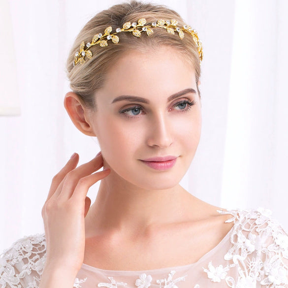Wholesale Alloy Handmade Bride Leaf Headdress With Rhinestone Crown For Women