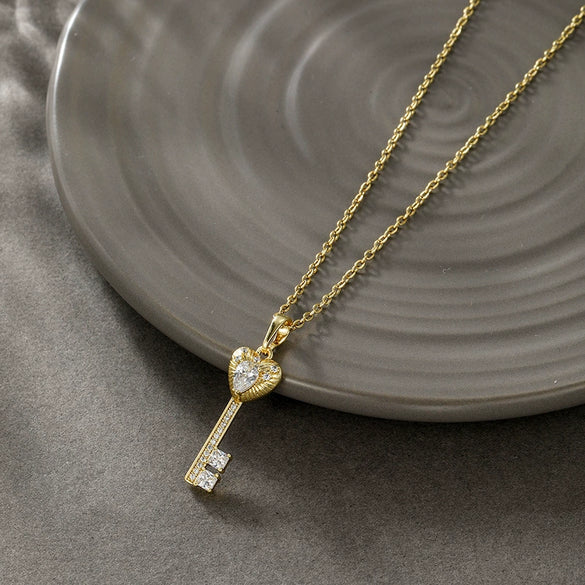 Wholesale Alloy Heart Key Necklace Pendant With Microinlaid Zircon Electroplating Geometric Light Luxury Style