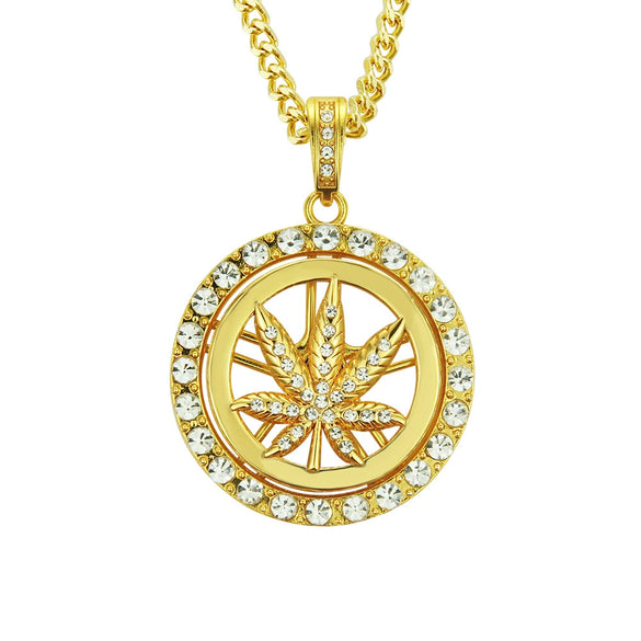 Wholesale Alloy Hip Hop Diamond Maple Leaf Turntable Rotatable Pendant Necklace For Men