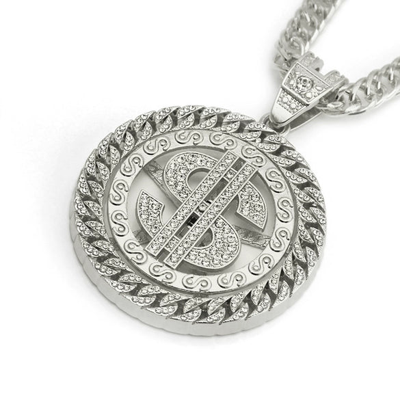 Wholesale Alloy Hip Hop Geometric Diamondencrusted Dollar Pendant Necklace For Men With Cuban Chain