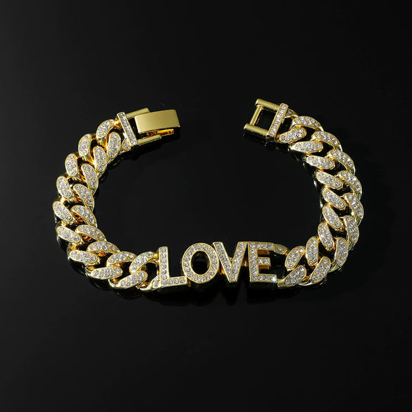 Wholesale Alloy Hip Hop Style Diamond Letter Love Cuban Chain Bracelet For Men