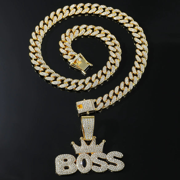 Wholesale Alloy Hiphop Exaggerated Crown Letter Pendant Cuban Chain Men's Jewelry With Diamond Design