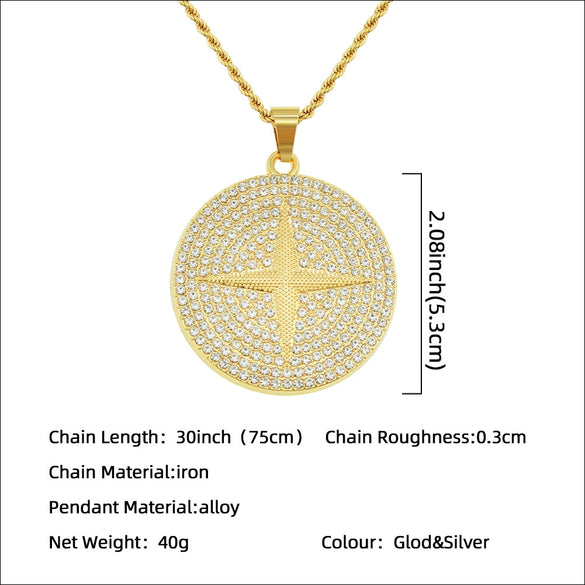 Wholesale Alloy Hiphop Geometric Diamond Round Pendant Long Necklace For Men With Twist Chain