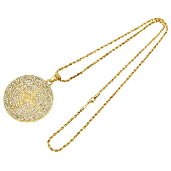 Wholesale Alloy Hiphop Geometric Diamond Round Pendant Long Necklace For Men With Twist Chain
