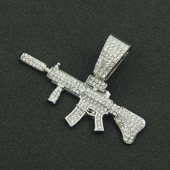 Wholesale Alloy Hiphop Style Geometric Diamond Gun Pendant Cuban Necklace For Men