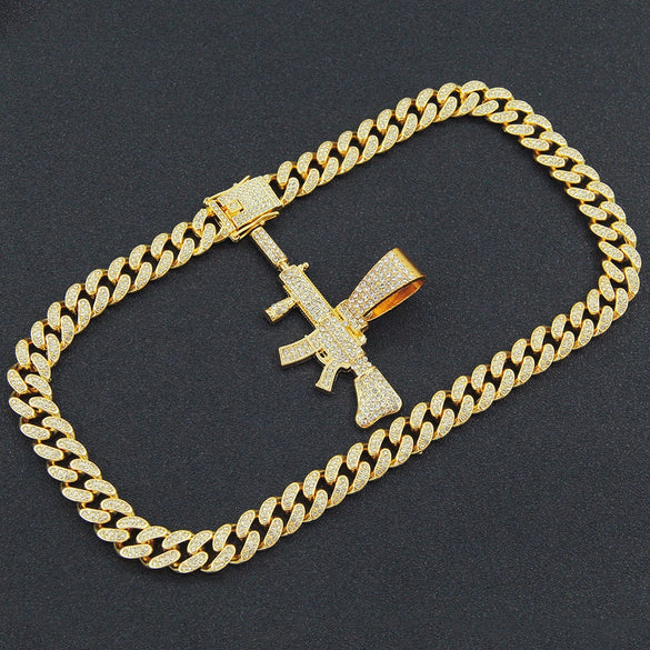 Wholesale Alloy Hiphop Style Geometric Diamond Gun Pendant Cuban Necklace For Men