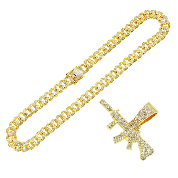 Wholesale Alloy Hiphop Style Geometric Diamond Gun Pendant Cuban Necklace For Men