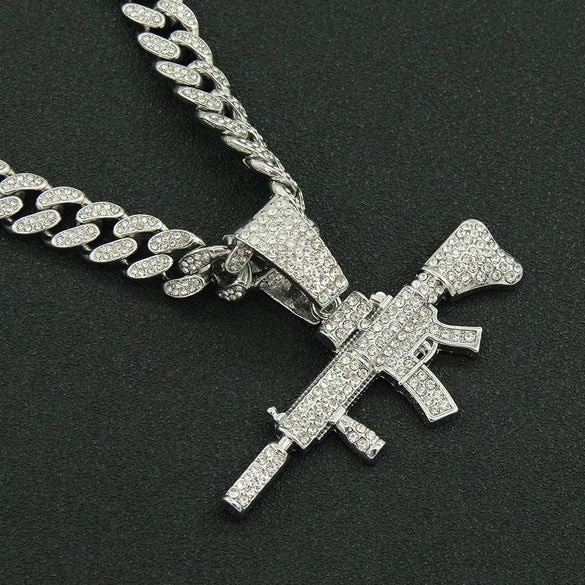 Wholesale Alloy Hiphop Style Geometric Diamond Gun Pendant Cuban Necklace For Men