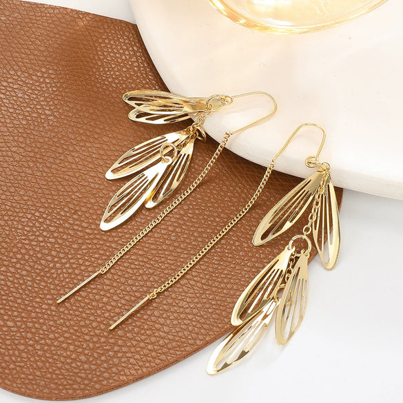 Wholesale Alloy Hollow Leaf Earrings Women's Fashion Light Luxury Niche Design Long Tassel Ear Wire With Electroplating