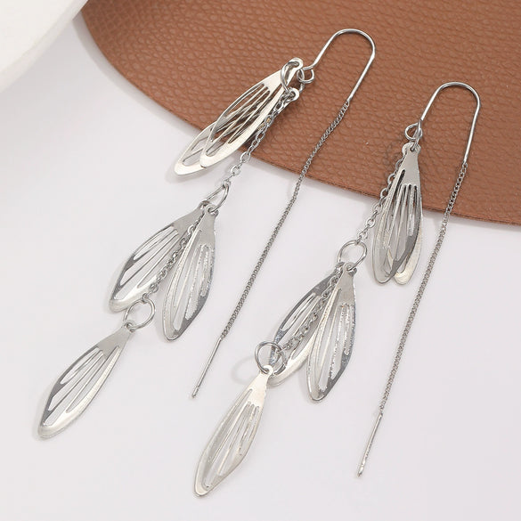 Wholesale Alloy Hollow Leaf Earrings Women's Fashion Light Luxury Niche Design Long Tassel Ear Wire With Electroplating