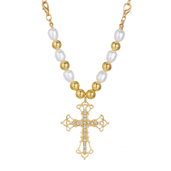 Wholesale Alloy Imitation Pearl Geometric Cross Pendant Retro Punk Multi Layer Women's Sweater Necklace Electroplated