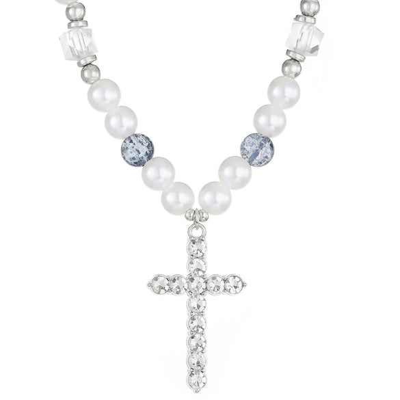 Wholesale Alloy Imitation Pearl Geometric Cross Pendant Retro Punk Multi Layer Women's Sweater Necklace Electroplated