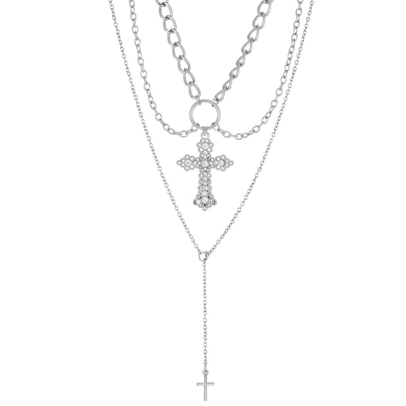 Wholesale Alloy Imitation Pearl Geometric Cross Pendant Retro Punk Multi Layer Women's Sweater Necklace Electroplated