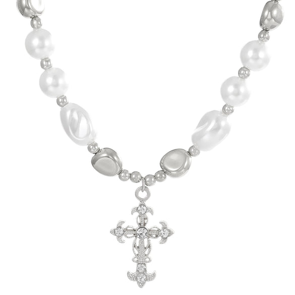 Wholesale Alloy Imitation Pearl Geometric Cross Pendant Retro Punk Multi Layer Women's Sweater Necklace Electroplated
