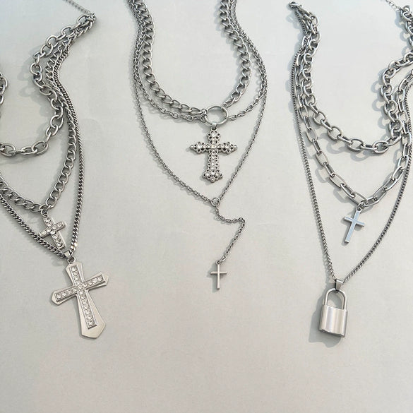 Wholesale Alloy Imitation Pearl Geometric Cross Pendant Retro Punk Multi Layer Women's Sweater Necklace Electroplated