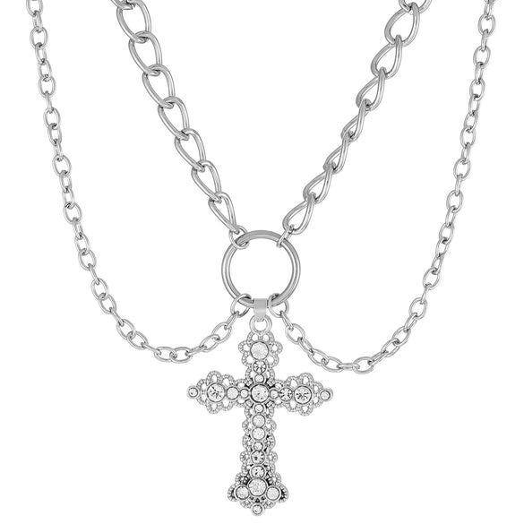 Wholesale Alloy Imitation Pearl Geometric Cross Pendant Retro Punk Multi Layer Women's Sweater Necklace Electroplated