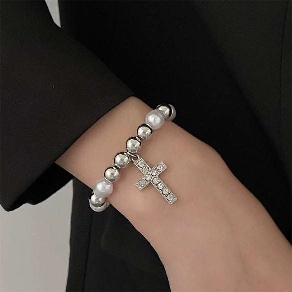 Wholesale Alloy Imitation Pearl Geometric Cross Pendant Retro Punk Multi Layer Women's Sweater Necklace Electroplated
