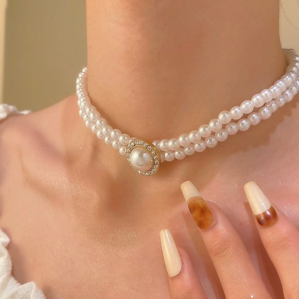Wholesale Alloy Imitation Pearls And Rhinestones Plants Flowers Geometric Style Women's Pearl Necklace Set